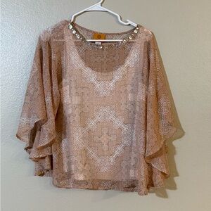 Elegant Beige Patterned Women's Top Size small-Ruby Rd. Brand
